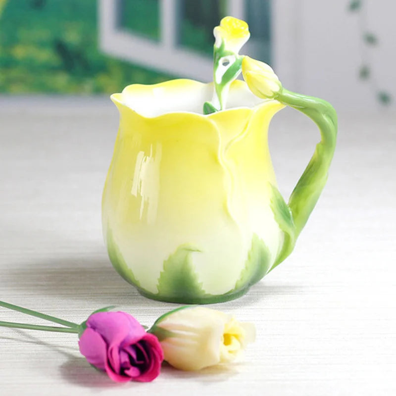 European Style Enamel Ceramic Coffee Mug Creative 3D Rose Flower Shape Lreative 4 Colors Household Breakfast Milk Cup with Spoon | Color:YELLOW