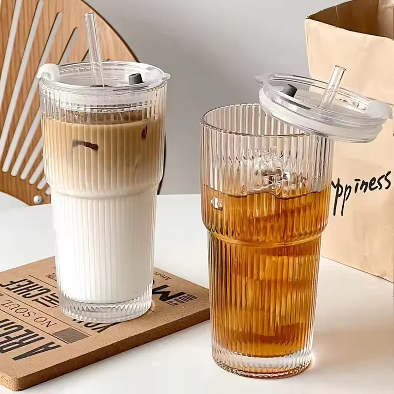 Large Capacity  Stripe Glass Coffee Cup With Lid Cover Straw Transparent Drinking Glasses For Juice Iced Coffee Mugs Drinkware | 1