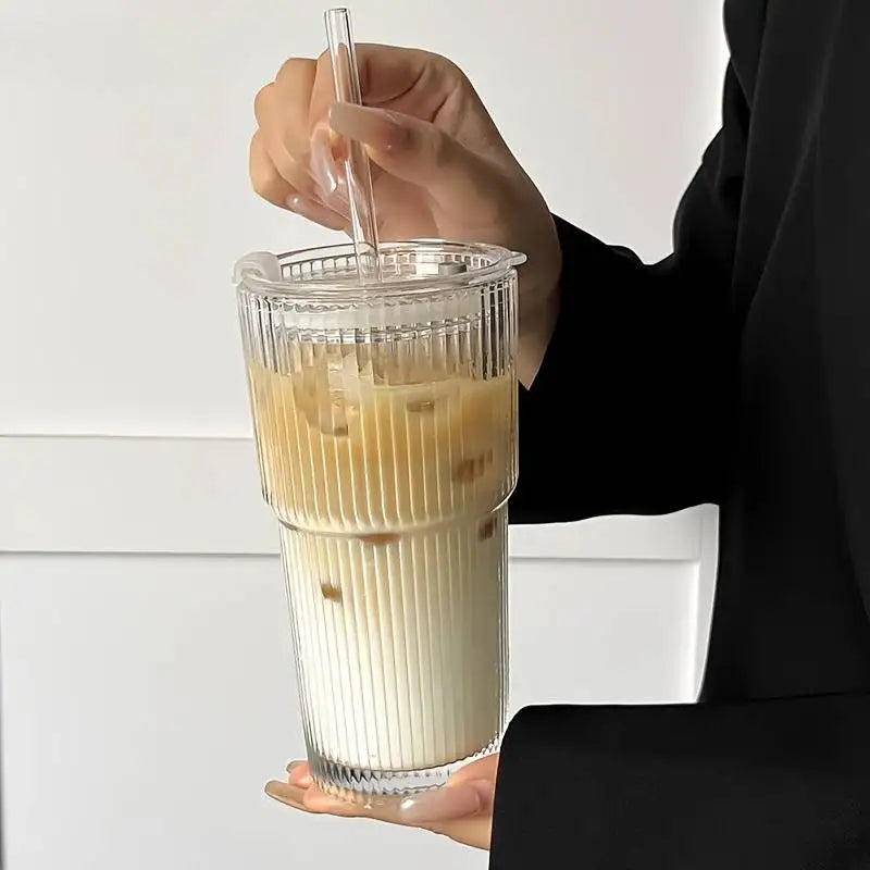 Large Capacity  Stripe Glass Coffee Cup With Lid Cover Straw Transparent Drinking Glasses For Juice Iced Coffee Mugs Drinkware | 2