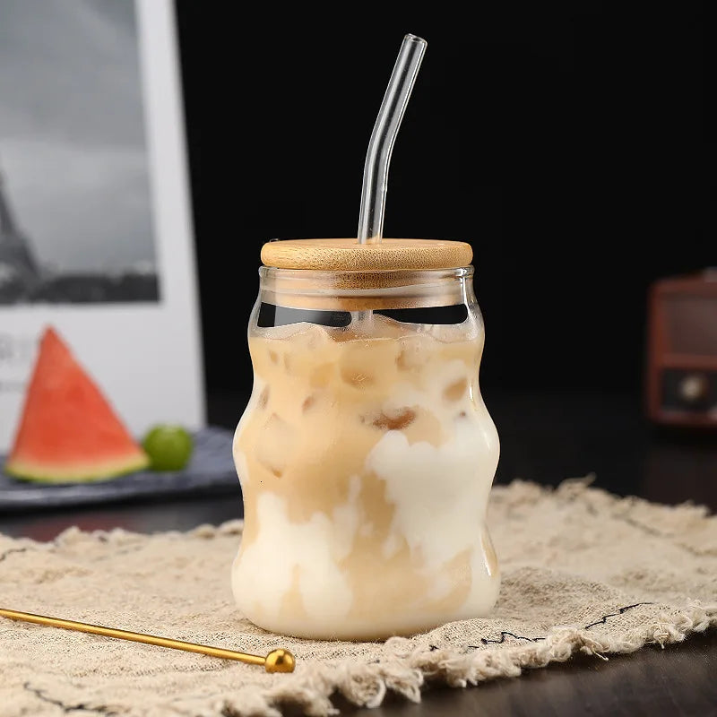 450ml Glass Cup With Lid and Straw Transparent Bubble Tea Cup Juice Glass Beer Can Milk Mocha Cups Breakfast Mug Drinkware | Color:A