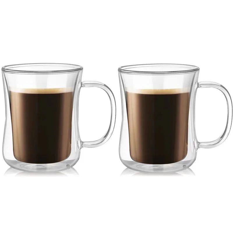 YWDL 220/300/400ml Double Wall Glass Espresso Cups Clear Coffee Mug With Handle For Hot Cold Beverage Milk Juice Drinkware Set | Color:2pcs