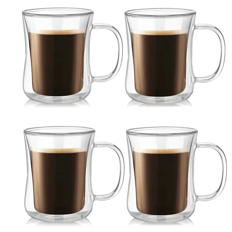 YWDL 220/300/400ml Double Wall Glass Espresso Cups Clear Coffee Mug With Handle For Hot Cold Beverage Milk Juice Drinkware Set | Color:4pcs