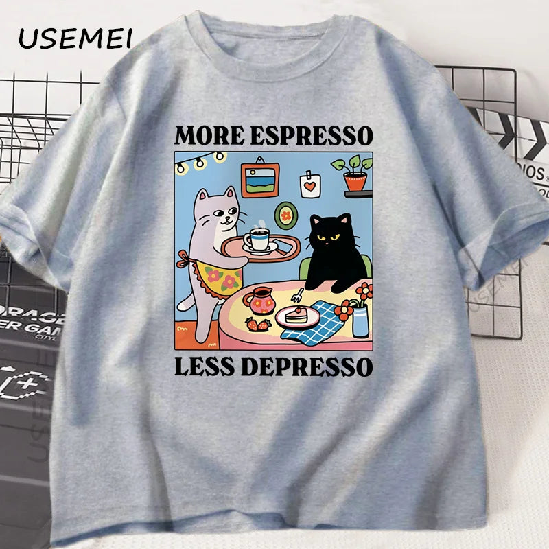 More Espresso Less Depresso Black Cat T-shirt Men Women Funny Coffee Cat T Shirt Casual Summer Cotton Short Sleeve Tshirt Tops | Color:GRAY