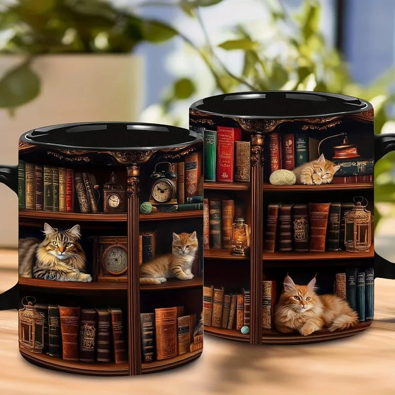 Creative Bookshelf Printed Mug Cat Design Book Mug Book Club Cup Reusable Ceramic Coffee Cup Water Cup Drinking Utensils | 3