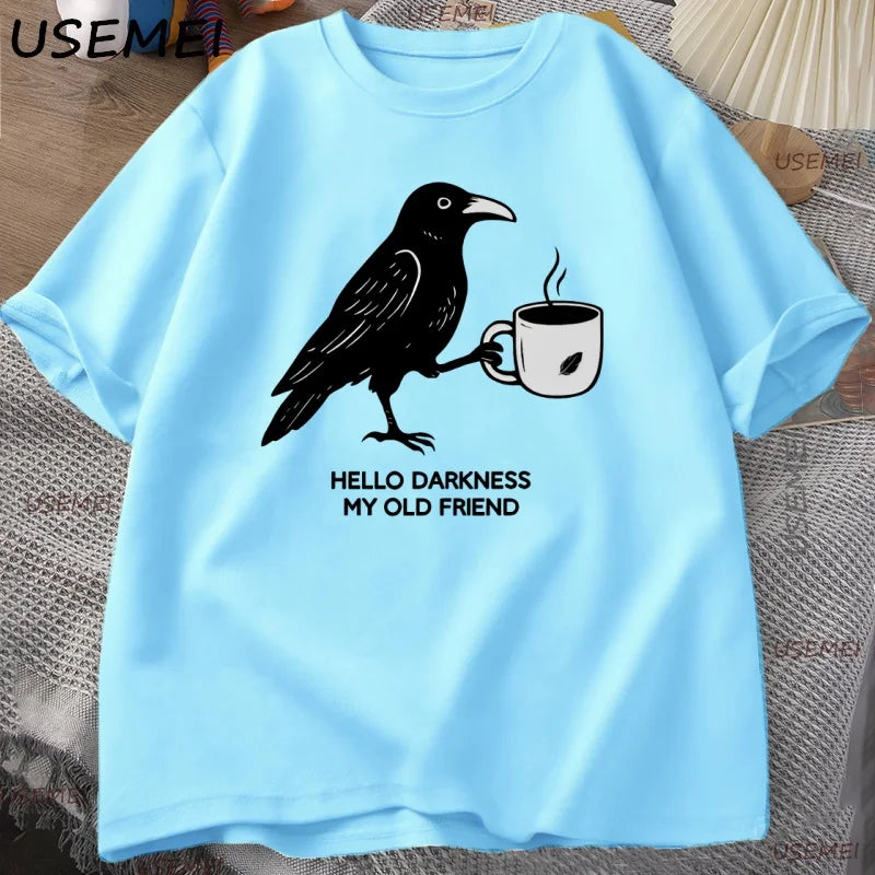 Vintage Crow Coffee T Shirt Halloween T-Shirt Fall Tee Women Men Cotton Tops Creative Crew Neck Tees Short Sleeve Loose TShirt | Color:SKY BLUE