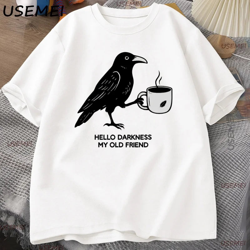 Vintage Crow Coffee T Shirt Halloween T-Shirt Fall Tee Women Men Cotton Tops Creative Crew Neck Tees Short Sleeve Loose TShirt | Color:WHITE