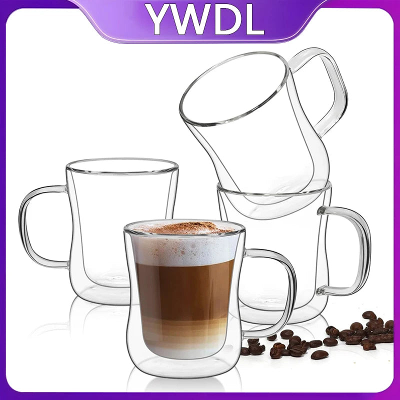 YWDL 220/300/400ml Double Wall Glass Espresso Cups Clear Coffee Mug With Handle For Hot Cold Beverage Milk Juice Drinkware Set | 0