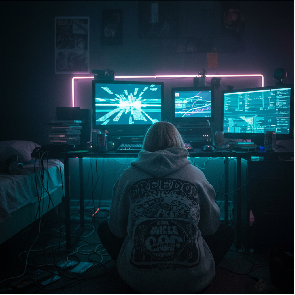 Black hoodie gaming setup close-up