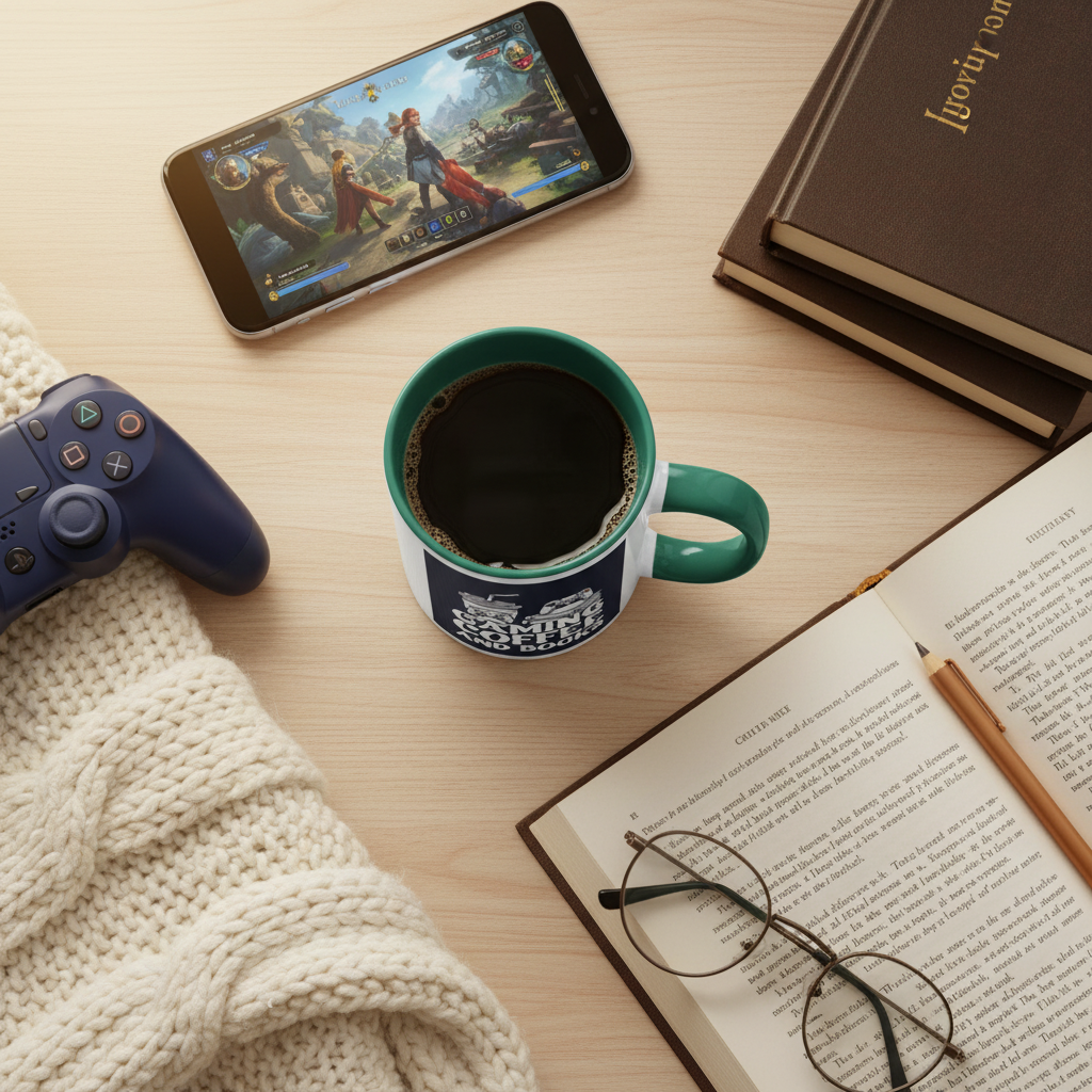 Gaming Coffee Books Flat Lay