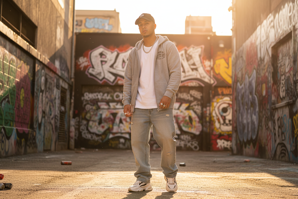 Grey hoodie urban graffiti area