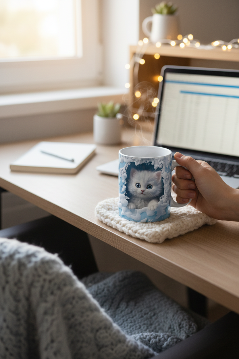 Hands holding at desk workspace
