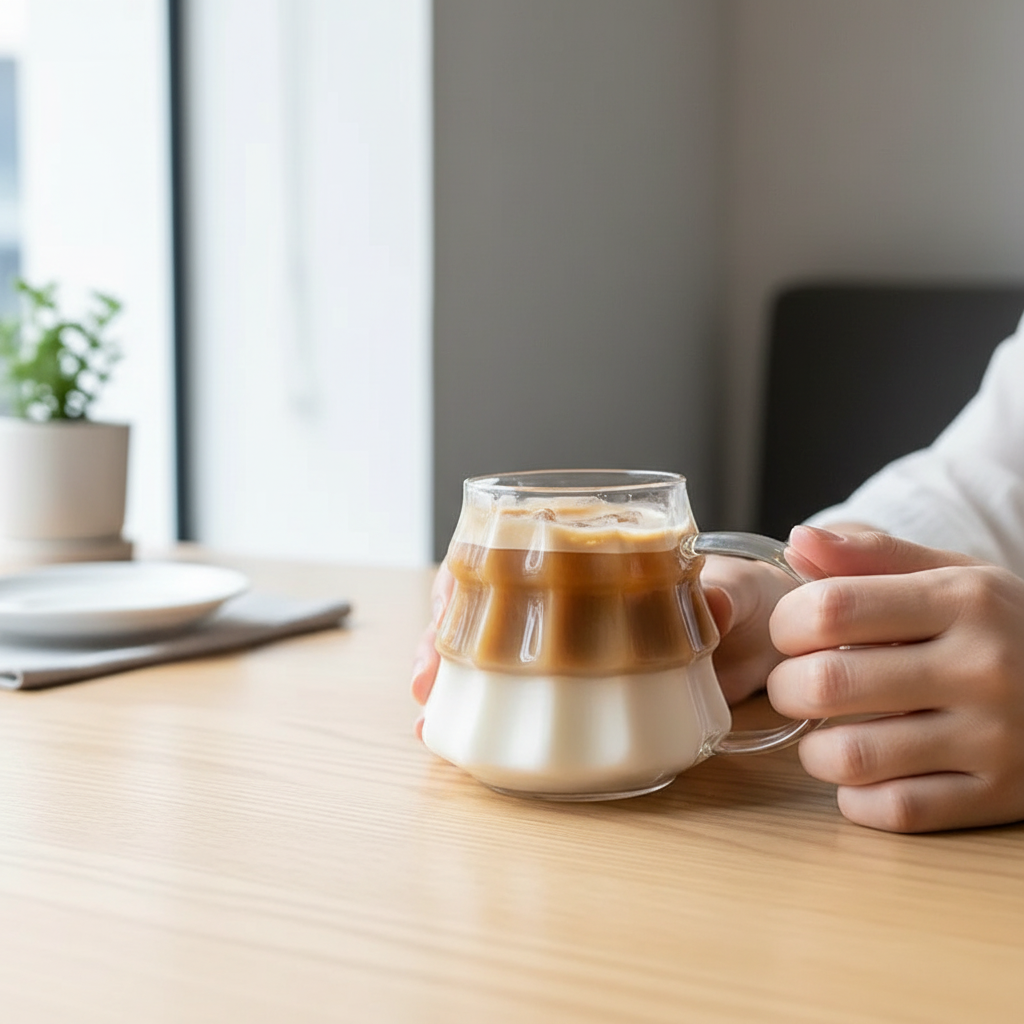 Person holding unique wavy rippled glass mug with layered iced latte