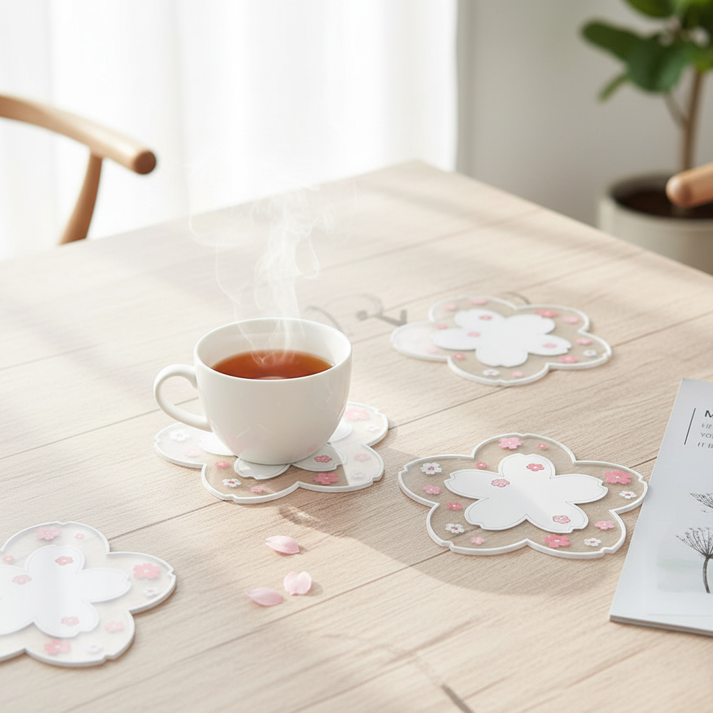 Cherry blossom shaped coasters with pink sakura flowers on elegant table setting