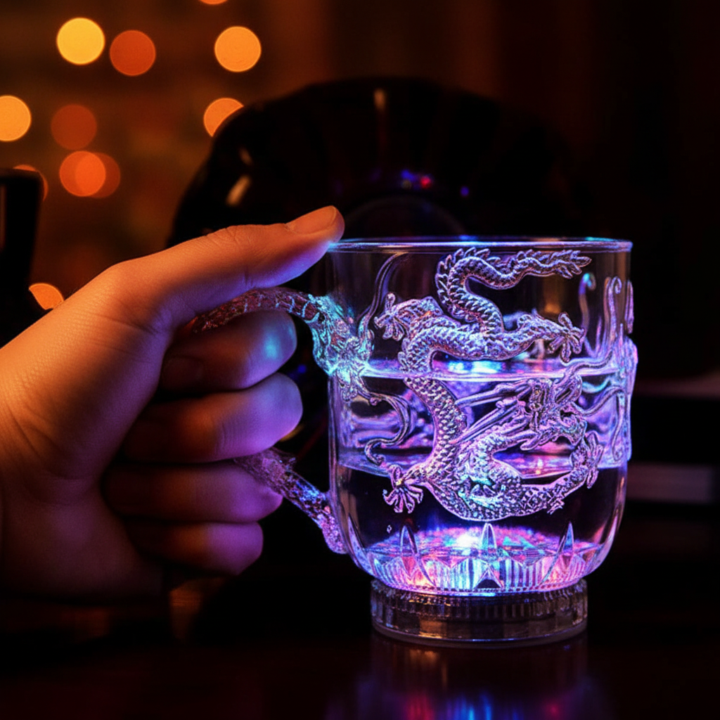 Person holding LED color-changing dragon cup with glowing lights at party