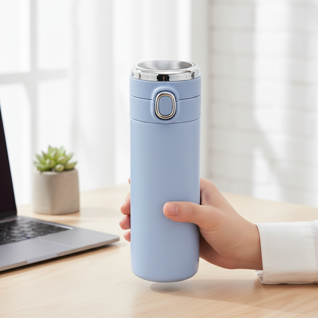Person holding smart LED thermos with temperature display in powder blue