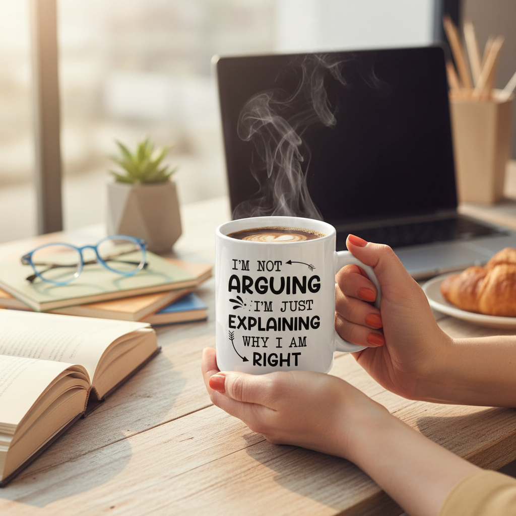 Person holding funny I'm Not Arguing mug with humorous text in casual setting