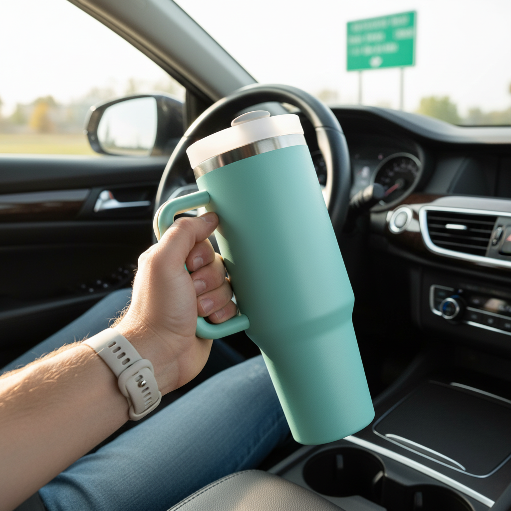 Person holding mint turquoise 40oz tumbler with handle in lifestyle setting