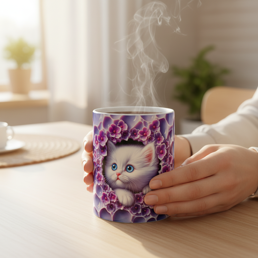 Person holding purple cat mug with kitten and flowers design in cozy morning setting