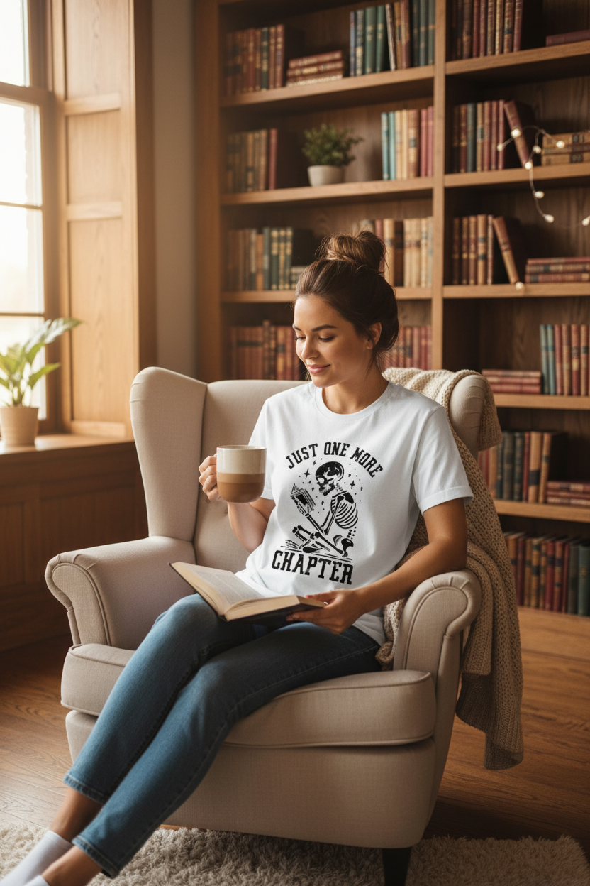 Woman wearing white 'Just One More Chapter' skeleton reader t-shirt in cozy reading nook