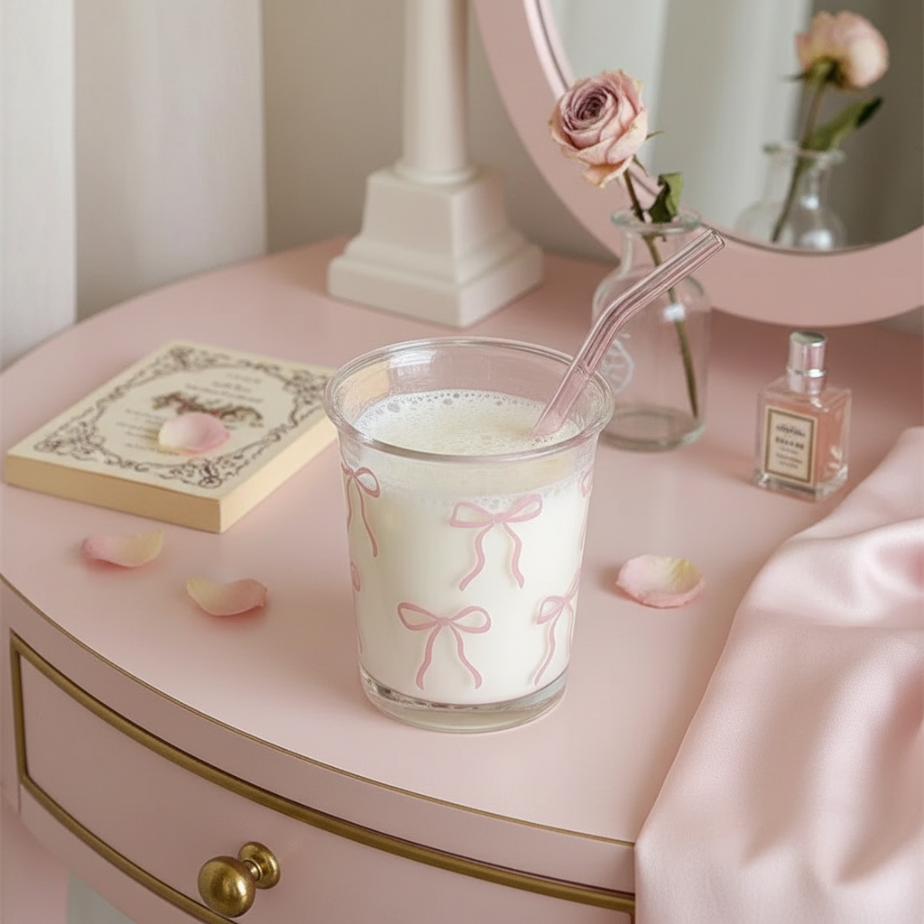 Clear glass cup with pink ribbon bow decorations and pink straw filled with creamy beverage in feminine aesthetic setting