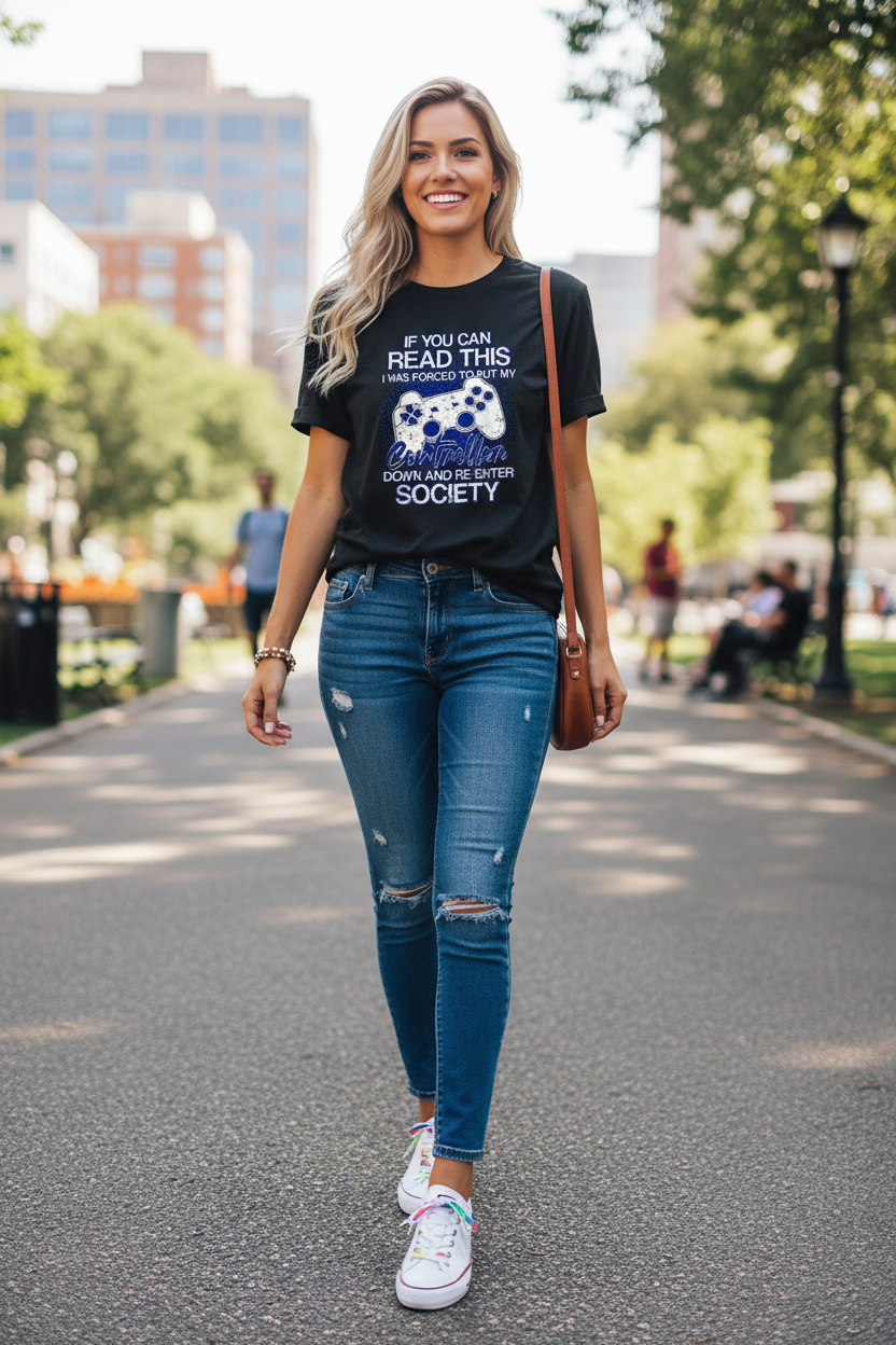 Woman wearing gaming controller t-shirt outdoors on city street