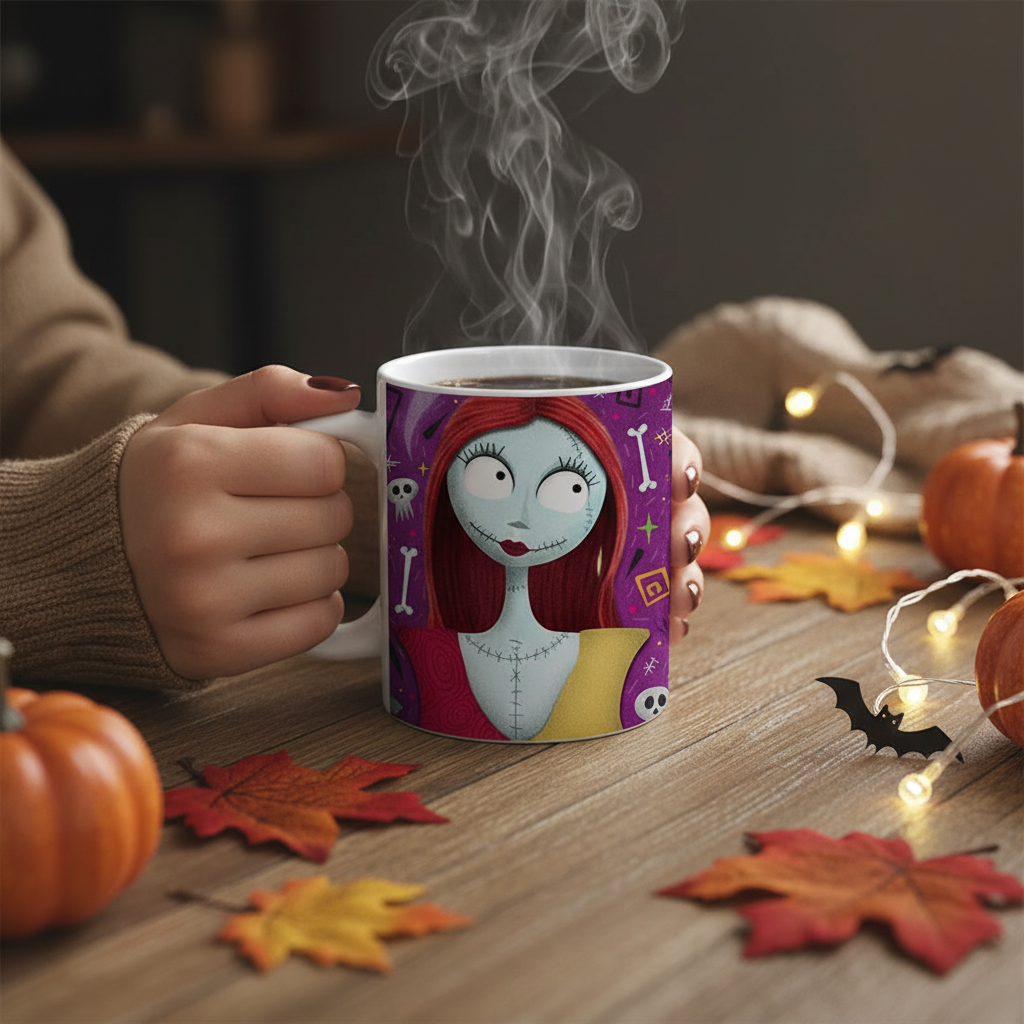 Person holding Nightmare Before Christmas mug with Jack and Sally in cozy setting