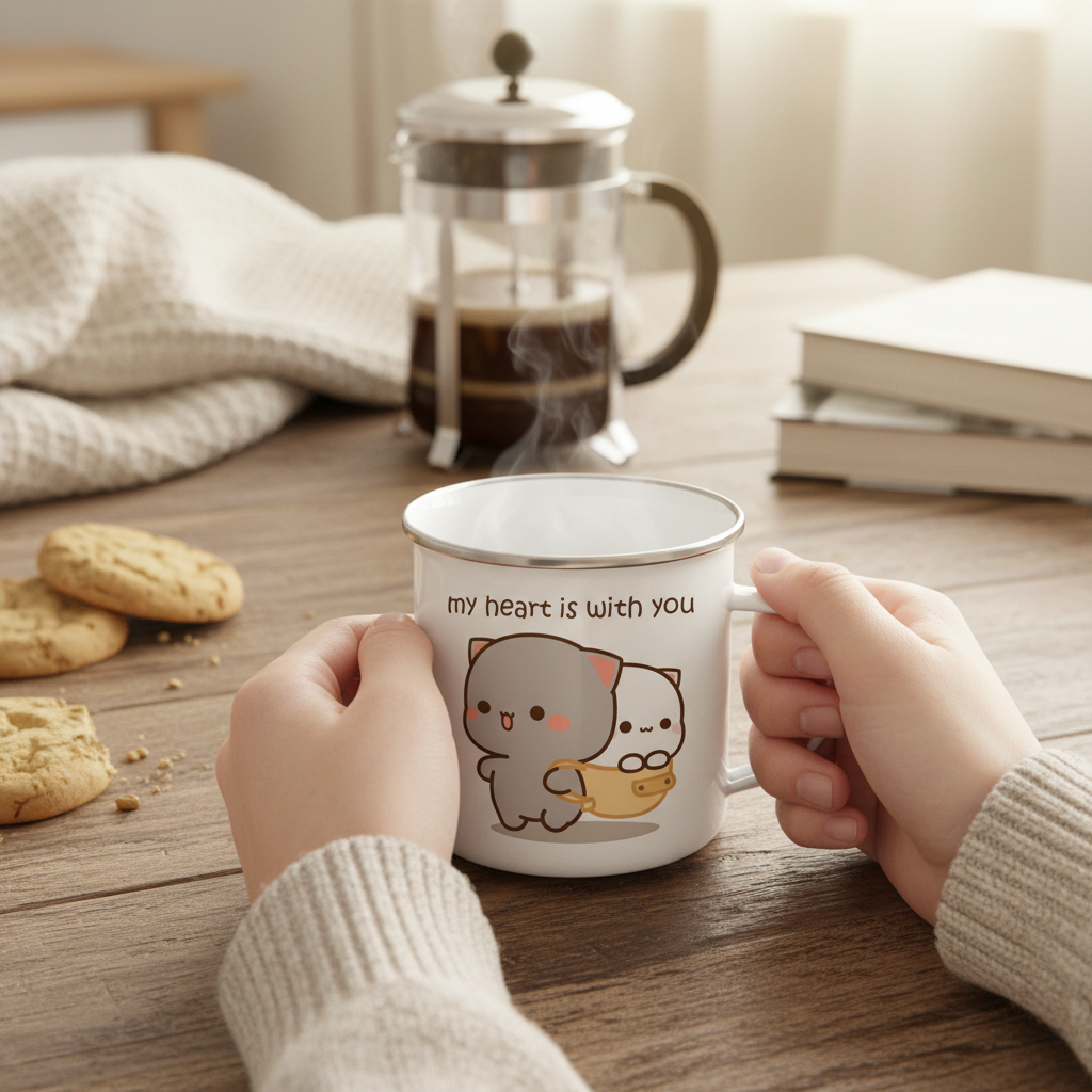 White enamel mug with cute cats cuddling illustration and 'my heart is with you' text in cozy setting
