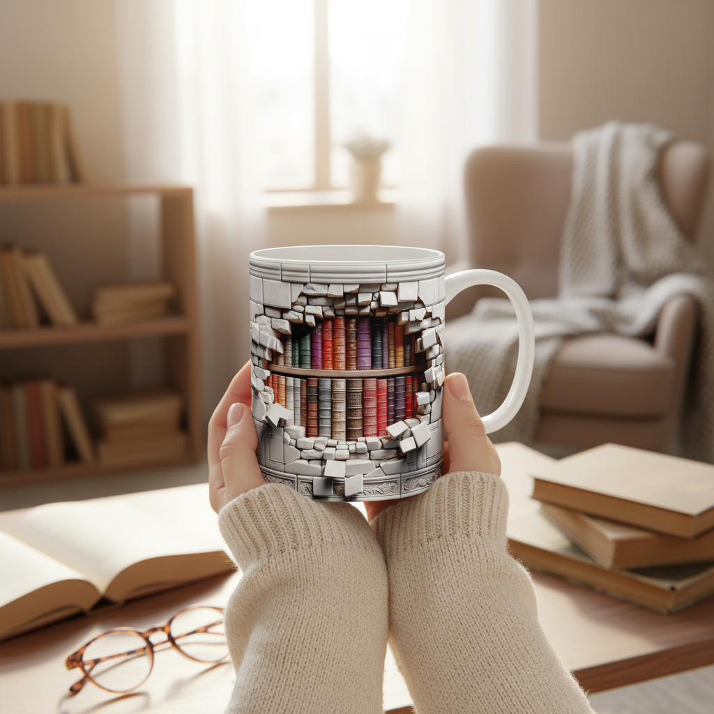 Person holding 3D library book mug with realistic bookshelf breaking through brick wall design