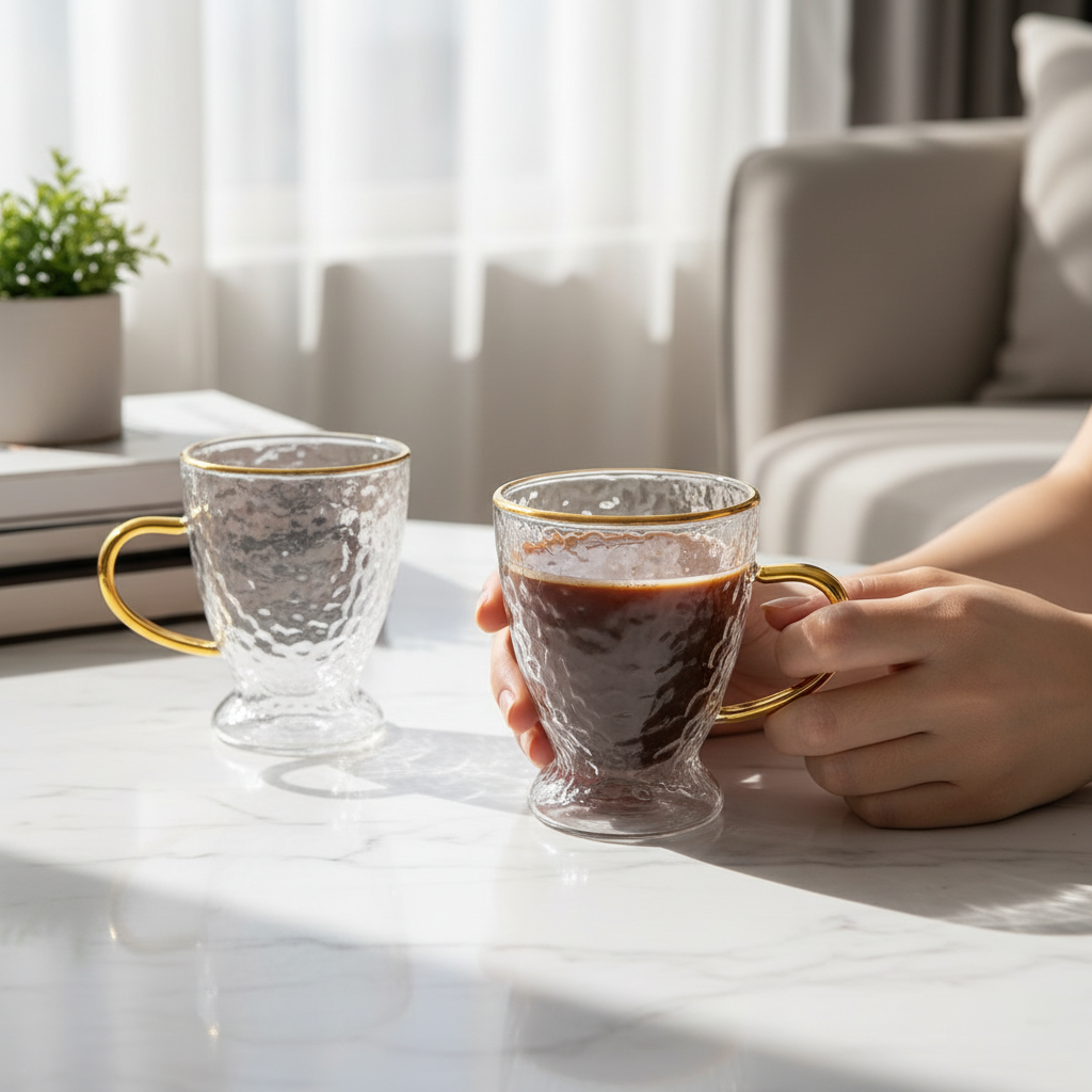 Person holding elegant hammered double wall glass cup with gold trim