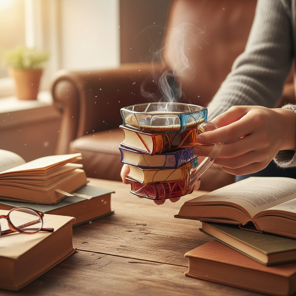 Person holding colorful 3D stacked book mug with coffee in cozy reading setting