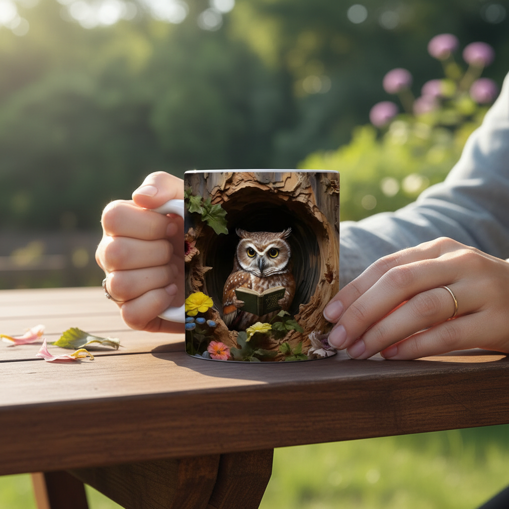 Person holding nature-themed mug with realistic owl in tree hollow surrounded by wildflowers