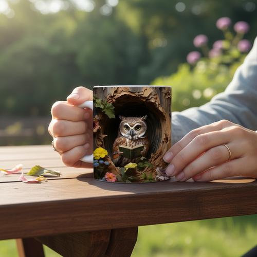 Person holding nature-themed mug with realistic owl in tree hollow surrounded by wildflowers