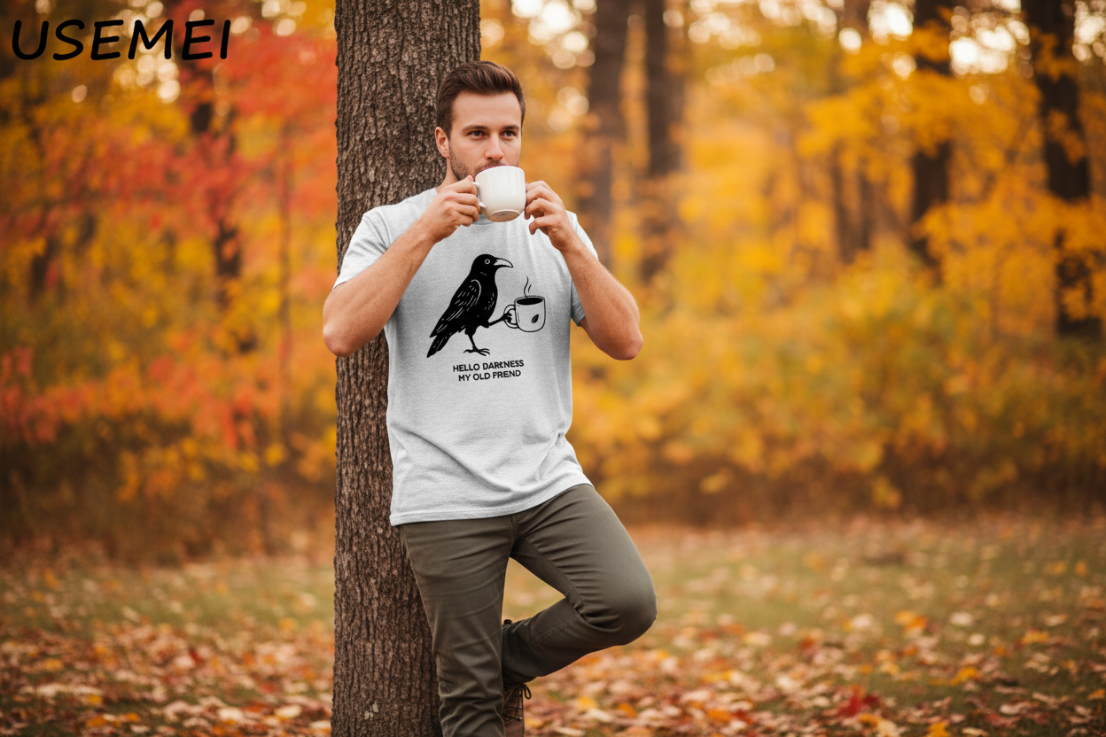 Man in grey t-shirt outdoors autumn