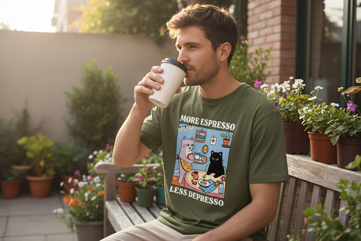 Man in olive green cat coffee tee outdoors