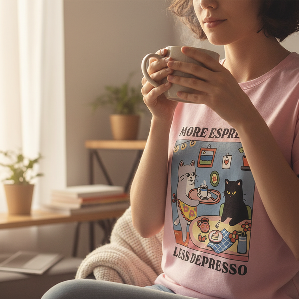 Pink cat coffee tee cozy morning