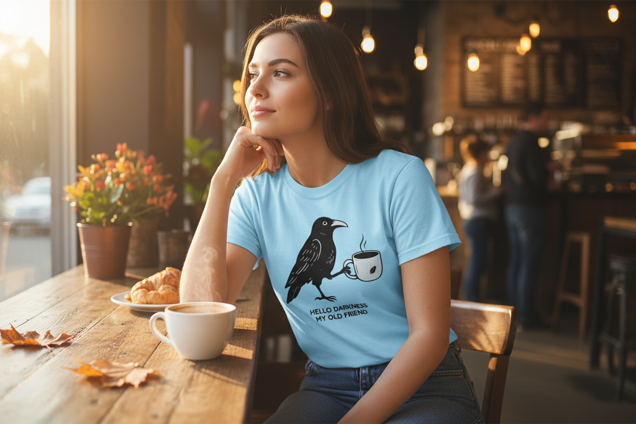 Sky blue t-shirt coffee shop scene